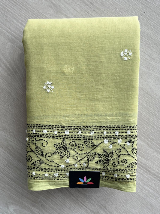 Lime Sorbet Green Kantha Stitched Mul Cotton Saree (Without blouse) - 37123