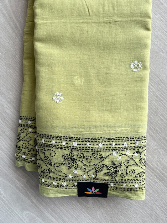 Lime Sorbet Green Kantha Stitched Mul Cotton Saree (Without blouse) - 37123