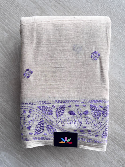 Almond Beige Kantha Stitched Mul Cotton Saree (Without blouse) - 37124