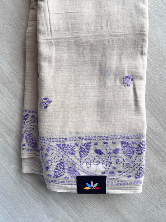 Almond Beige Kantha Stitched Mul Cotton Saree (Without blouse) - 37124