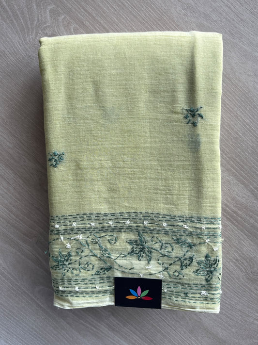 Gin Green Kantha Stitched Mul Cotton Saree (Without blouse) - 37125