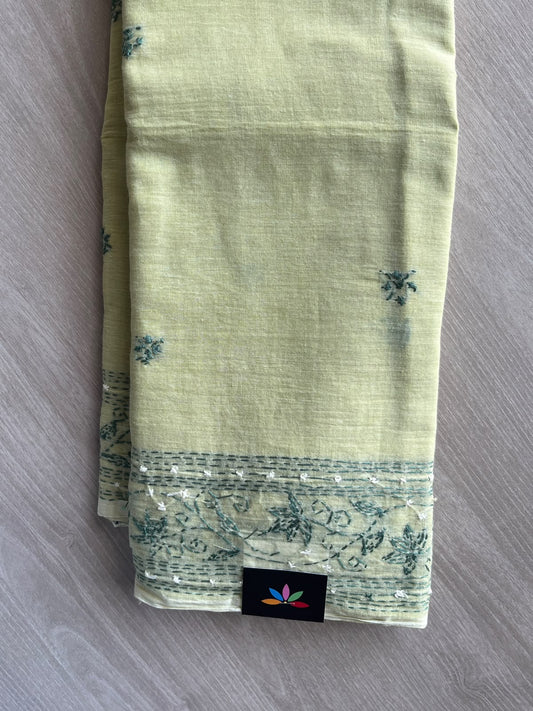 Gin Green Kantha Stitched Mul Cotton Saree (Without blouse) - 37125