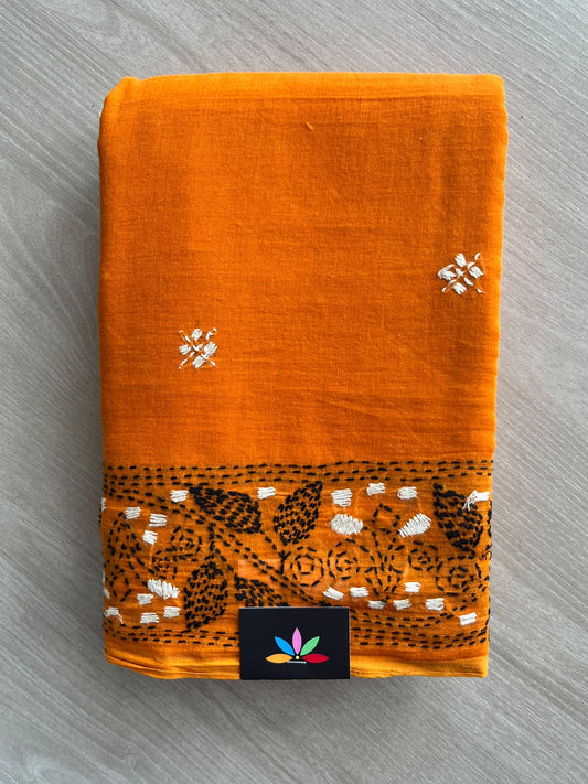 Neon Orange Kantha Stitched Mul Cotton Saree (Without blouse) - 37126