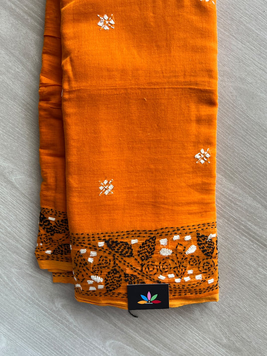 Neon Orange Kantha Stitched Mul Cotton Saree (Without blouse) - 37126