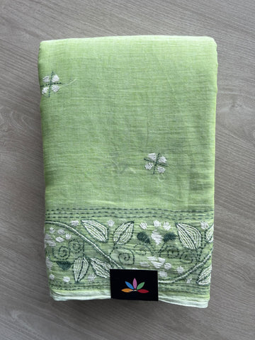 Pastel Green Kantha Stitched Mul Cotton Saree (Without blouse) - 37127