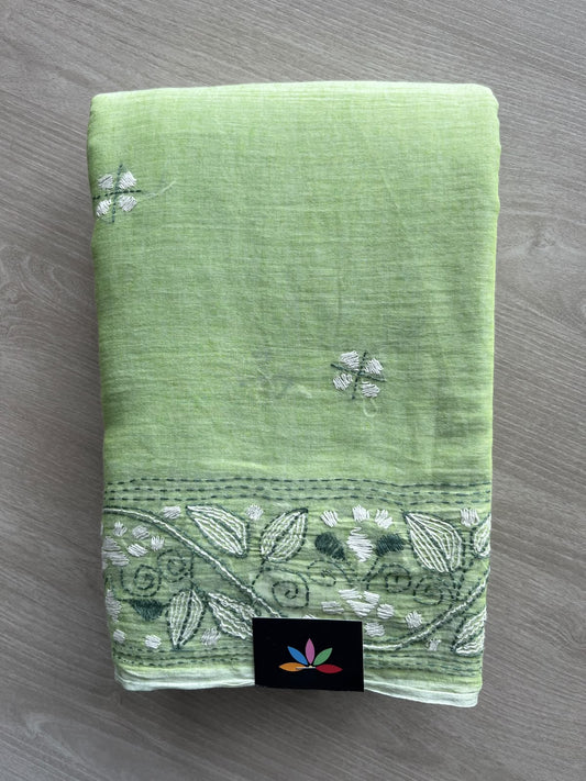 Pastel Green Kantha Stitched Mul Cotton Saree (Without blouse) - 37127