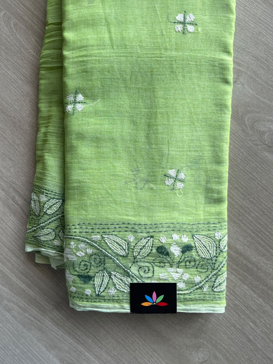 Pastel Green Kantha Stitched Mul Cotton Saree (Without blouse) - 37127