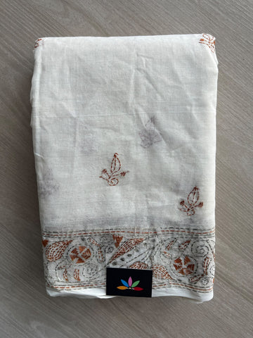 Off-White Kantha Stitched Mul Cotton Saree (Without blouse) - 37128