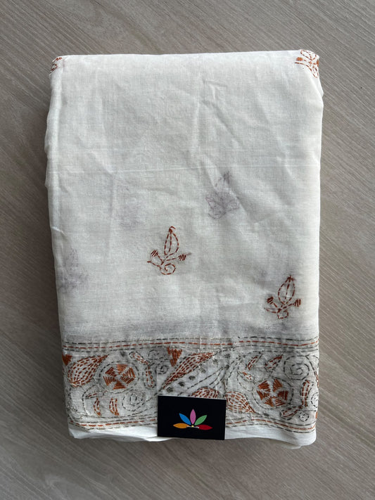 Off-White Kantha Stitched Mul Cotton Saree (Without blouse) - 37128
