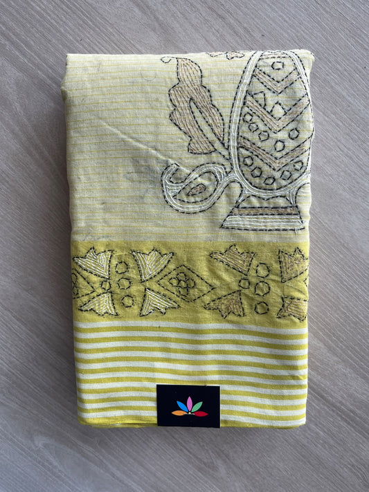 Lime Sorbet Green Kantha Stitched Mul Cotton Saree (Without blouse) - 37130