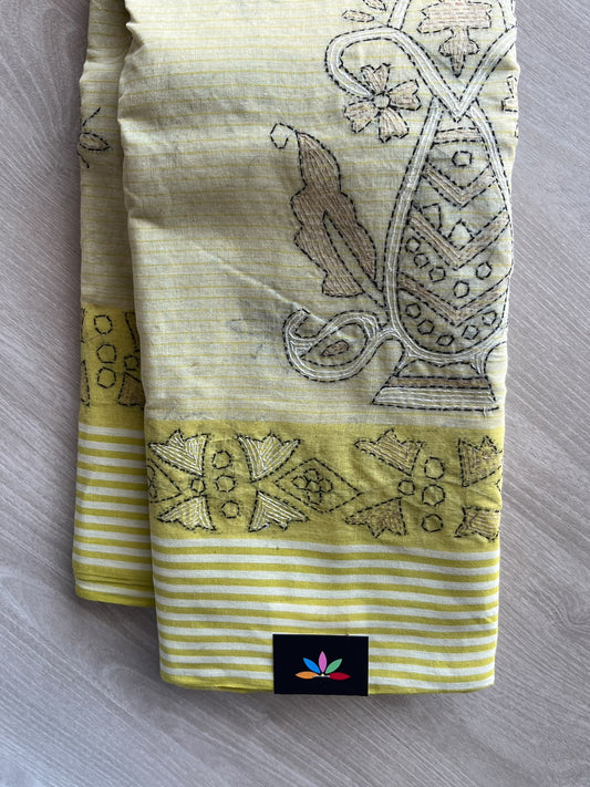 Lime Sorbet Green Kantha Stitched Mul Cotton Saree (Without blouse) - 37130