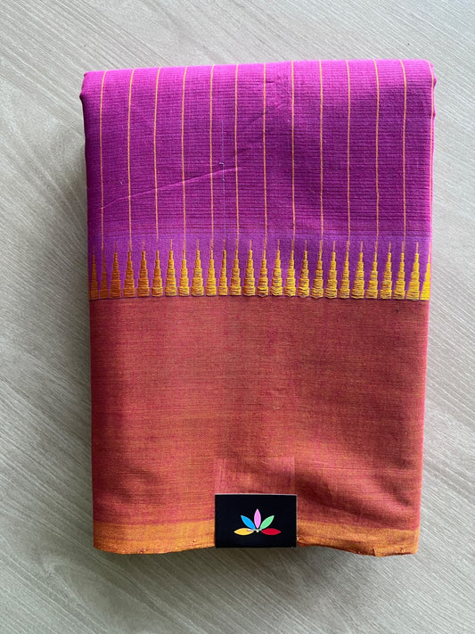 Vertical Striped Temple Border Mangalagiri Handloom Cotton Saree - 37208