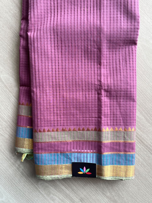 Missing Checks Handloom Mangalagiri Cotton Saree with Multicolour Zari Border - 37212