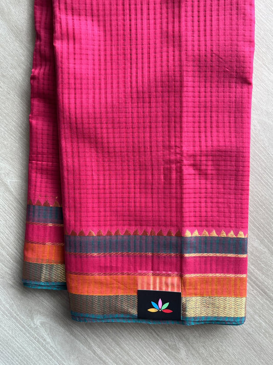 Missing Checks Handloom Mangalagiri Cotton Saree with Multicolour Zari Border - 37213