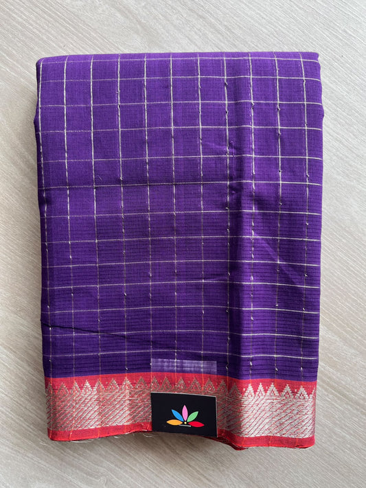 Checks Handloom Mangalagiri Cotton Saree with Contrast Zari Border - 37214