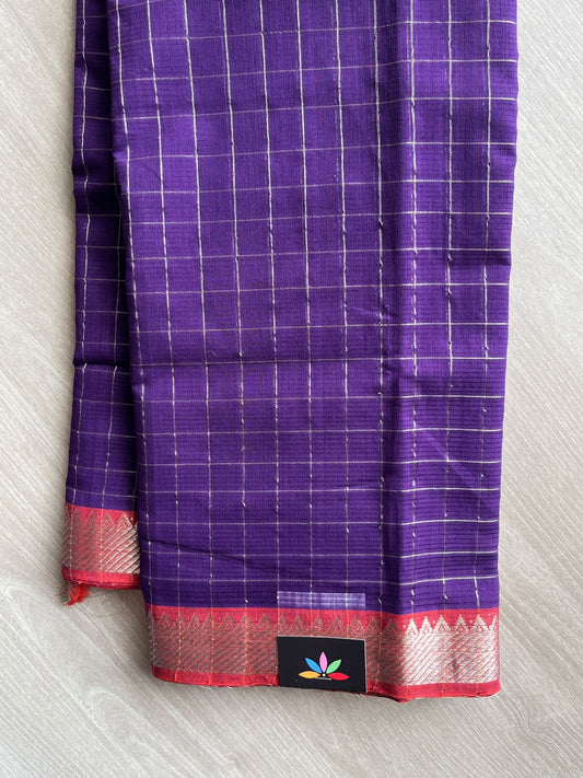 Checks Handloom Mangalagiri Cotton Saree with Contrast Zari Border - 37214