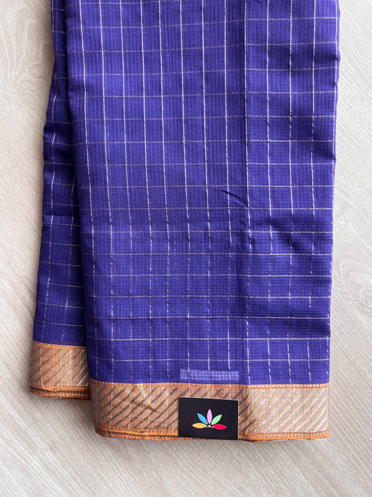 Checks Handloom Mangalagiri Cotton Saree with Contrast Zari Border - 37217