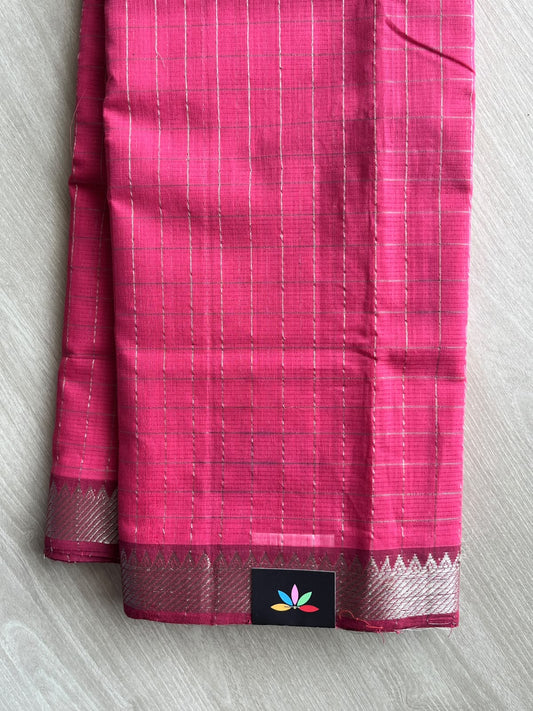 Checks Handloom Mangalagiri Cotton Saree with Contrast Zari Border - 37218