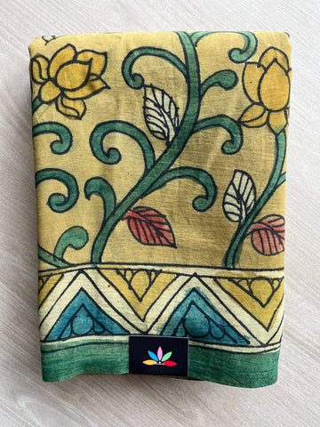 Dusty Mustard Yellow Hand Painted Kalamkari Saree with Green Peacock Floral Pallu- 37222