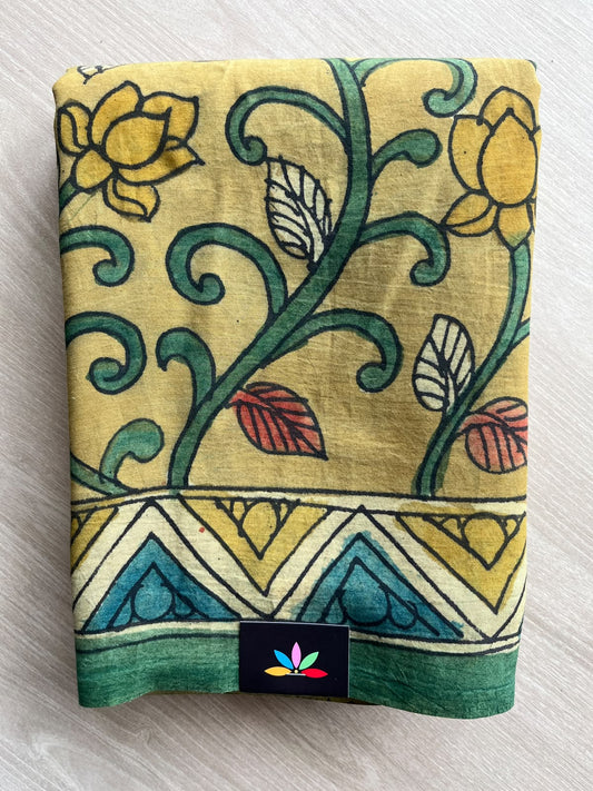 Dusty Mustard Yellow Hand Painted Kalamkari Saree with Green Peacock Floral Pallu- 37222