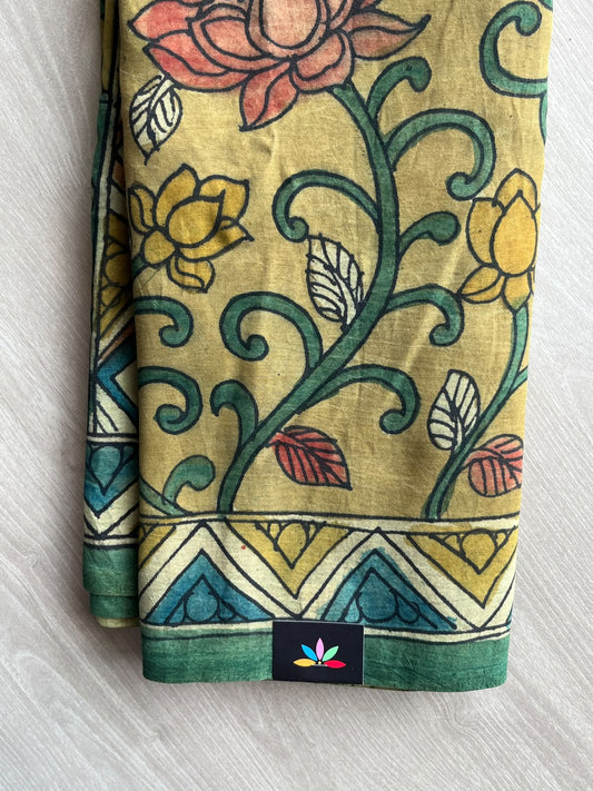 Dusty Mustard Yellow Hand Painted Kalamkari Saree with Green Peacock Floral Pallu- 37222