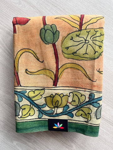 Warm Peach Hand-Painted Kalamkari Saree with Peacock and Lotus Motifs on Olive Green Pallu - 37223