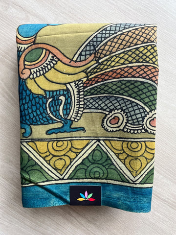 Mustard Green Hand-Painted Kalamkari Saree with Blue Peacock Motifs - 37224
