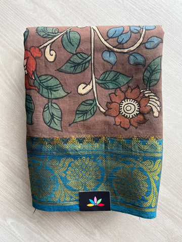 Deep Cocoa Brown Hand-Painted Kalamkari Saree with Peacock Motifs and Blue Zari Border -37226