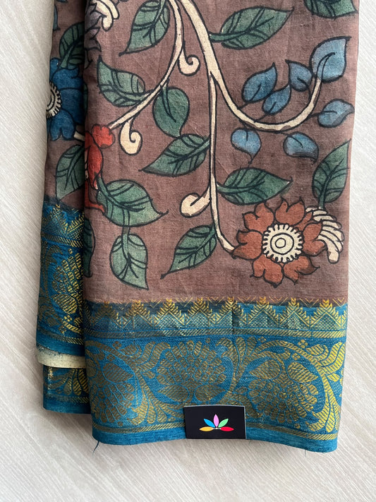 Deep Cocoa Brown Hand-Painted Kalamkari Saree with Peacock Motifs and Blue Zari Border -37226
