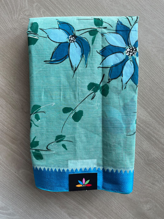 Light Turquoise Hand Painted Bengal Cotton Saree - 37227
