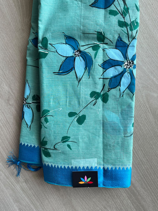 Light Turquoise Hand Painted Bengal Cotton Saree - 37227
