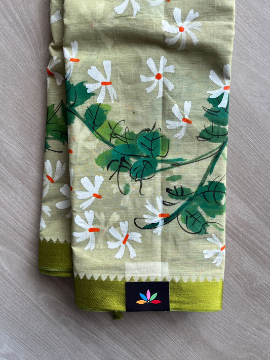 Pale Sage Green Hand Painted Bengal Cotton Saree - 37228