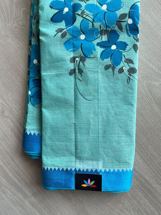 Light Turquoise Hand Painted Bengal Cotton Saree - 37229