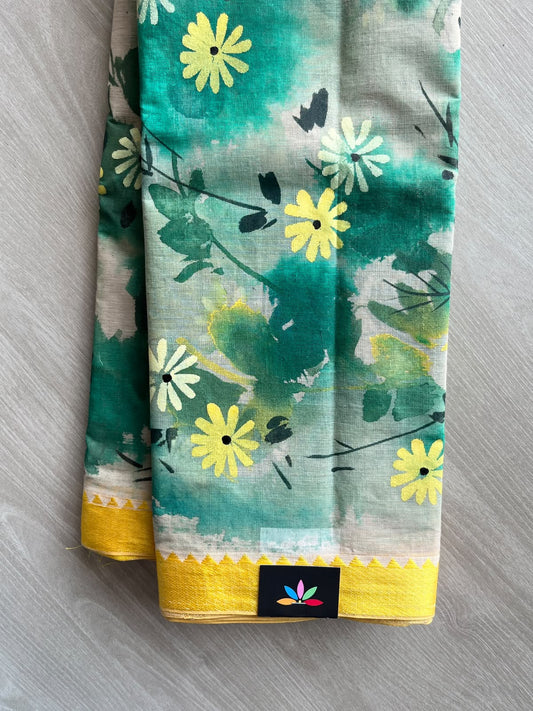 Parchment Beige Hand Painted Bengal Cotton Saree - 37230