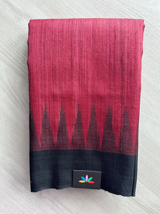 Rose Red Temple Border Contrast Pallu Handloom Tussar Silk Saree - 37532
