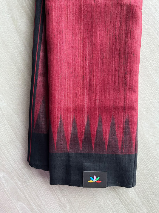 Rose Red Temple Border Contrast Pallu Handloom Tussar Silk Saree - 37532