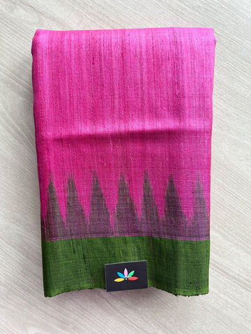 Bright Pink Temple Border Contrast Pallu Handloom Tussar Silk Saree - 37533