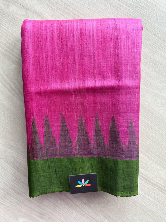 Bright Pink Temple Border Contrast Pallu Handloom Tussar Silk Saree - 37533