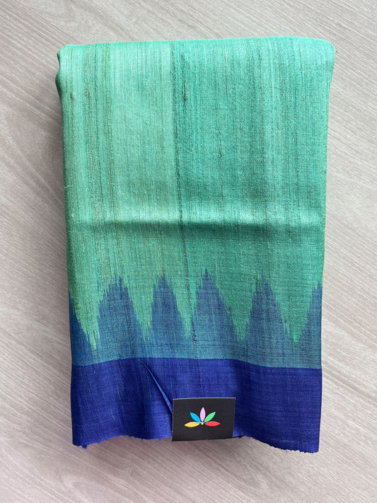 Cyan Green Temple Border Contrast Pallu Handloom Tussar Silk Saree - 37534