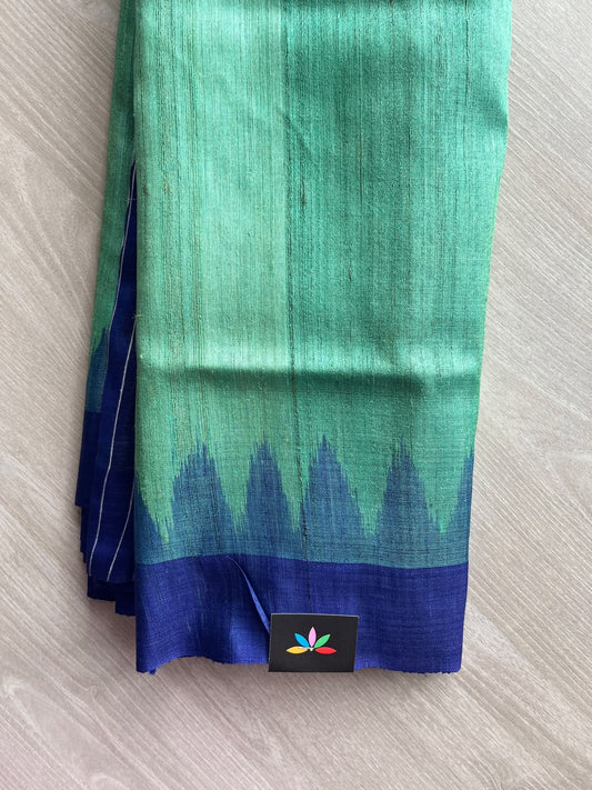 Cyan Green Temple Border Contrast Pallu Handloom Tussar Silk Saree - 37534