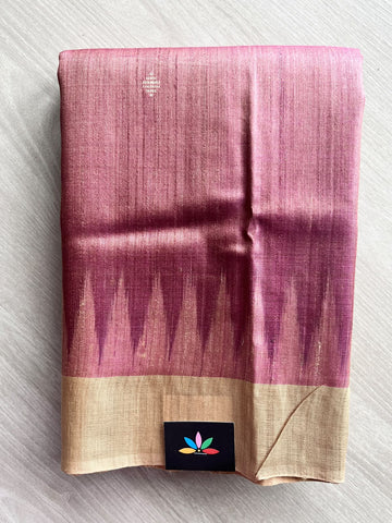 Dusty Rose Temple Border Contrast Pallu Handloom Tussar Silk Saree - 37535