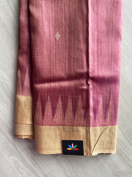 Dusty Rose Temple Border Contrast Pallu Handloom Tussar Silk Saree - 37535