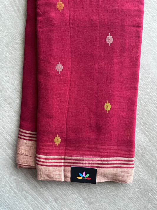 Ruby Red Bengal Soft Cotton Jamdani Saree (Without Blouse)- 37237