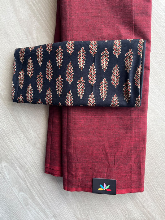 Plain Cotton Saree with Contrast Blouse - 37256