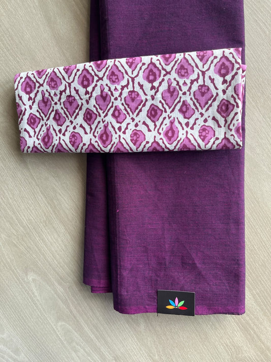 Plain Cotton Saree with Contrast Blouse - 37257