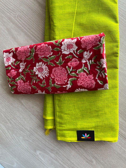 Plain Cotton Saree with Contrast Blouse - 37265