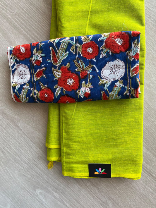 Plain Cotton Saree with Contrast Blouse - 37266