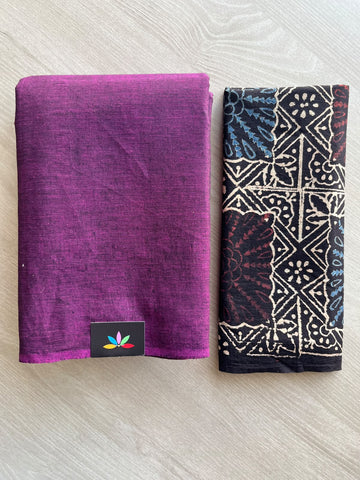 Plain Cotton Saree with Contrast Blouse - 37269-37270