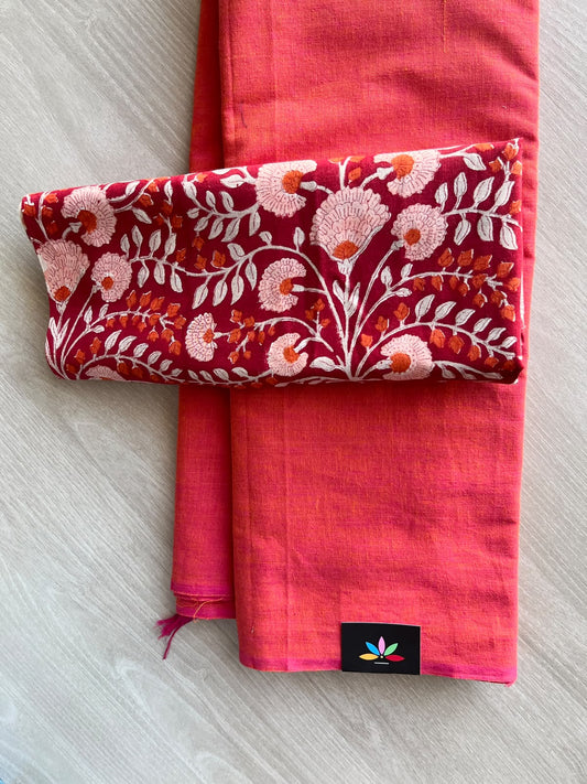 Plain Cotton Saree with Contrast Blouse - 37271-37272