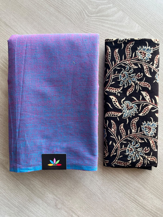 Plain Cotton Saree with Contrast Blouse - 37283-37284
